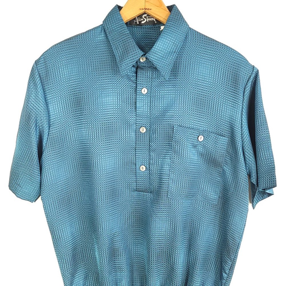 Vtg Alan Stuart Shirt Men's Med Blue Black Geometric Banded Waist Distressed USA